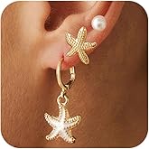 3Pair Boho Cute Gold Sea Star Shell Hoop Earrings for Women Statement Delicate Enamel Starfish Drop Dangle Earring Pearl Stud Beach Party Jewelry Gift