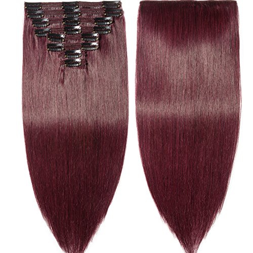 s-noilite Clip in Human Hair Extensions 100% Real Remy Thick True Double Weft Full Head 8 Pieces 18 clips Straight silky (20 inch - 150g,Wine Red (#99J))
