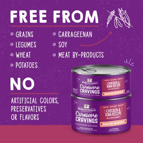 STELLA & CHEWY’S CARNIVORE CRAVINGS MINCED MORSELS CANS – GRAIN FREE, PROTEIN RICH WET CAT FOOD – CAGE-FREE CHICKEN & WILD-CAUGHT TUNA RECIPE – (2.8 OUNCE CANS, CASE OF 12)