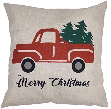 Arundeal Red Christmas Truck With Tree 18" x 18" Decorative Cotton Linen Square Throw Pillow Cover