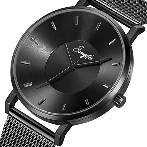 SONGDU Mens Black Minimalist Cool Stainless Steel Analog Dress Quartz Wrist Watch Metal Waterproof Watch (Black - Mesh)