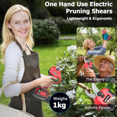 MHPRO Brushless Cordless Pruning Scissors, Electric Pruning Scissors 600W with 2 x 21 V 2000 mAh Batteries, LCD Screen, for Orchards, Landscaping and Professional Gardening, Red