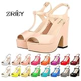 ZriEy Women's Peep Toe High Heel T-Strap Platform Chunky Heels Sandals