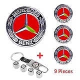 99 Carpro 4PCS for Benz Wheel Center Hub Caps Emblem, 75mm Car Rim Hub Cover Logo + 4 Pack Car Tire Valve Air Caps Fit for Mercedes Benz (Red)