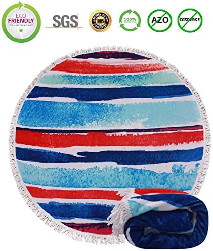 Same Pattern Different Quality 2018 New Developed Material Thick Round Beach Towel Round Beach Blanket 100% Microfiber Terry Quality with Tassels 62 inches Blue Red Doodle Stripe
