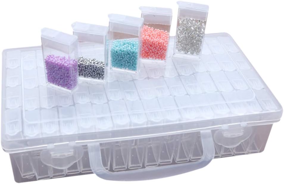 64 Compartments Plastic Jars Diamond Embroidery Sorting Box in Sturdy Storage Box Tool Container Jewellery Organizer Diamond Painting Box for Nails Rhinestones Beads DIY Crafts