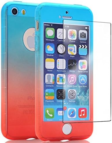 iPhone 5S Case With Tempered Glass Screen Protector, Liberwill Ombre Colorful Full Body Protect Slim Fit Fade Blue to Red Ultra Thin Light Weight Hard Snap-On Case for Apple iPhone 5 &amp; iPhone 5S