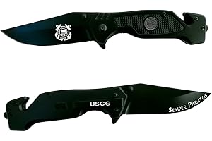 Military Gift Shop Coast Guard Black Stealth Folding Tactical Elite Knife - Spring Assisted USCG Black Rescue Knife - Coast Guard Black Knife