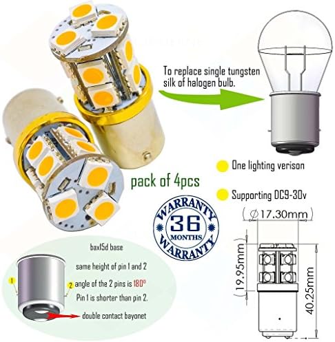 Wiseshine led auto bulb bax15d bulb S25 13smd 5050 DC9-30v wide range input 3 years quality assurance (pack of 4) bax15d 13smd 5050 Yellow