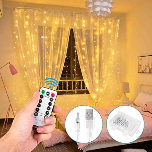 WISBUY Fairy Curtain String Lights - 3m x 3m USB Operated Or Battery Powered Warm White Christmas Lights、Timing、Remote control 、8 Modes、300 LED 、Indoor Outdoor Lights for Gazebo、Wedding 、Garden、 Party