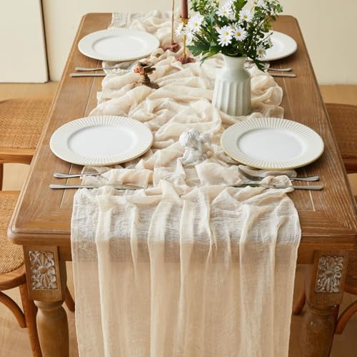 Cheesecloth Table Runner Ivory White Gauze Rustic Cheese Cloth Spring Table Runner for Wedding Baby Bridal Shower Birthday Party Long Sheer Boho Home Decorations, 35.4*118 Inch