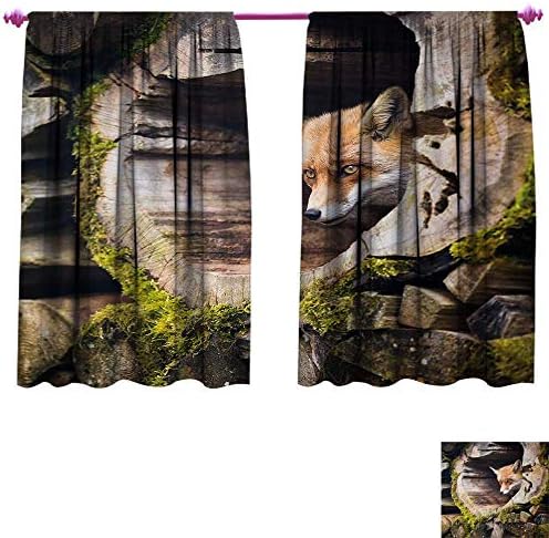 Anniutwo Animal Customized Curtains Forest Nature Wild Fox with Hazel Eyes in a Wooden Carved Tree wth Moss Art Print Blackout Window Curtain W120 x L72 Multicolor