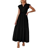 LUXVEER Women Summer Maxi Dress 2025 Cap Sleeve V Neck Button Casual Loose Ruffle Tiered A-Line Long Flowy Beach Sundress