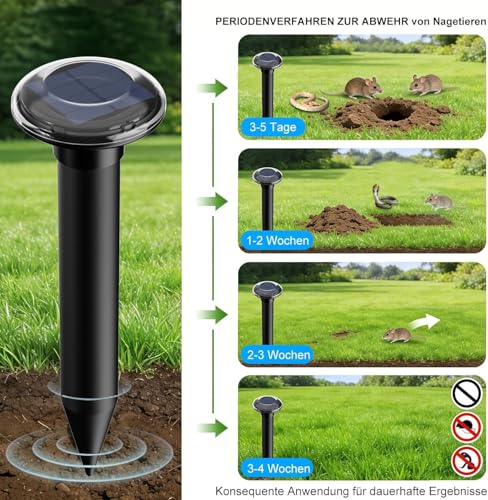 Uffylle Pack of 4 Mole Repellent, Maximum Coverage 900 m² Solar Mole Repeller Test Winner Vole Repeller Vibration Vole Repellent IP68 Mole Fence Against Moles & Voles
