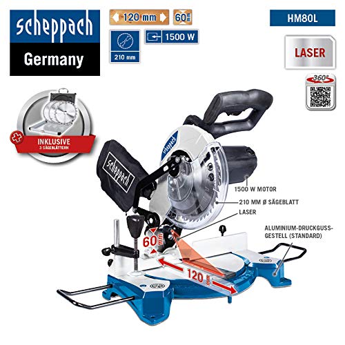 SCHEPPACH SET HM80L | Kapp- und Gehrungssäge | inkl. 3 Ersatzblätter | 1500 Watt | 210 mm Sägeblatt | Präzisionslaser… – Bild 3