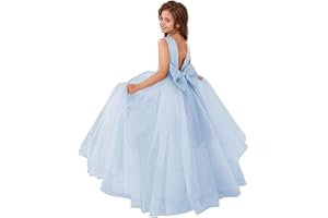 MCieloLuna Flower Girls Satin Tulle Princess Pageant Dress for Wedding Kids Pearls Prom Ball Gowns with Bow-Knot