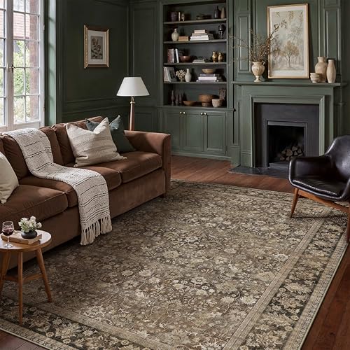 Hugear 8x10 Machine Washable Vintage Area Rug Neutral Brown Distressed Floral Persian Low Pile Rug Non Slip Soft Indoor Large Carpet for Living Room Bedroom Dining Office