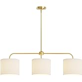 Electro bp 3-Light White Linen Drum Shade Chandelier with Polished Gold Metal Linear Pendant Light Fixture for Kitchen Island