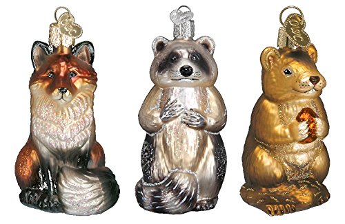 Set of Woodland Critters (Fox, Raccoon and Chipmunk) Glass Blown Christmas Ornaments