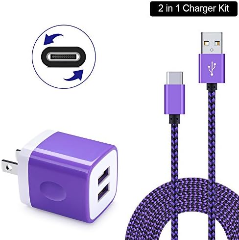 Wall Charger Adapter, Charger Cube Box, HUHUTA 2.1A Dual Port USB Charging Plug Cube Base with 6FT Nylon Type C Cable for Samsung Galaxy S9/ S9 Plus/ S8, MacBook, Nexus 6P 5X, One Plus 2 3 5