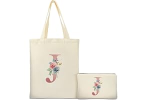 BINGGEMEN Initial Canvas Tote Bag with Zipper Pockets,Personalized Totes for Women Bridesmaids Teacher,Cosmetic Makeup Bag,Monogrammed Gifts for Wedding Birthday (Letter J)