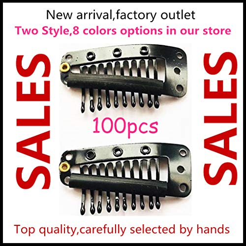ZZRRYY 100 Pcs Metailic Snap Comb Wig Clips ins for Hair Extensions Hairpieces DIY Iron Snap-Comb Wig Clips with Rubber Large size for man (Black,10-Teeth)