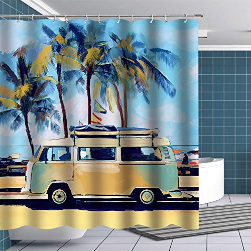BTTY Premium Shower Curtain Oil Painting Retro Tour Bus on Sandbeach with Palm Trees Shower Curtain with Hooks Vacation Funny Fabric Bathroom Curtain Sets VW Bus Bathroom Decoration 70x70 Inches