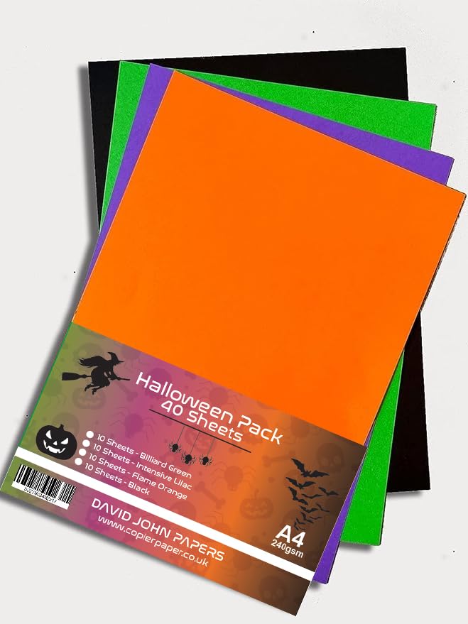 DJP 240GSM A4 Halloween Coloured Card - Flame Orange, Black, Billiard Green & Intensive Lilac (Pack of 40 Sheets) - 10 Sheets Each Colour