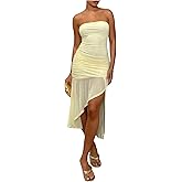 Floerns Women's Strapless Tube Dress Ruched Mesh Asymmetrical Hem Bodycon Midi Dresses
