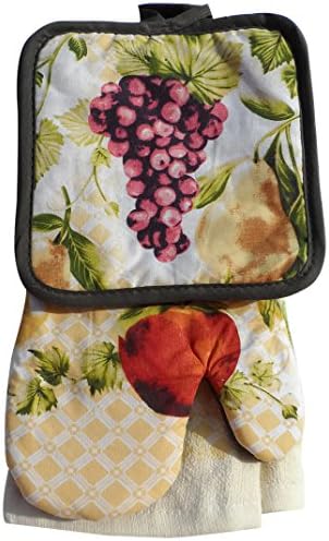 Wine Grapes 5 Piece Designer Fashion Kitchen Set 2 Towels 2 Pot Holders 1 Oven Mitt