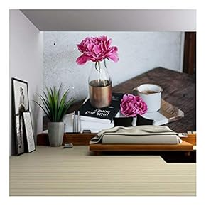 Pink Flowers and Books on The Table - Removable Wall Mural | Self-Adhesive Large Wallpaper - 66x96 inches