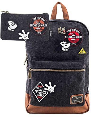 Disney Mickey Mouse Patches Denim 17" Backpack and Pencil Case (Black)