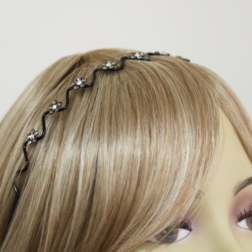 DoubleAccent Hair Jewelry Wavy Wire Headband with Crystal Flowers Black Color
