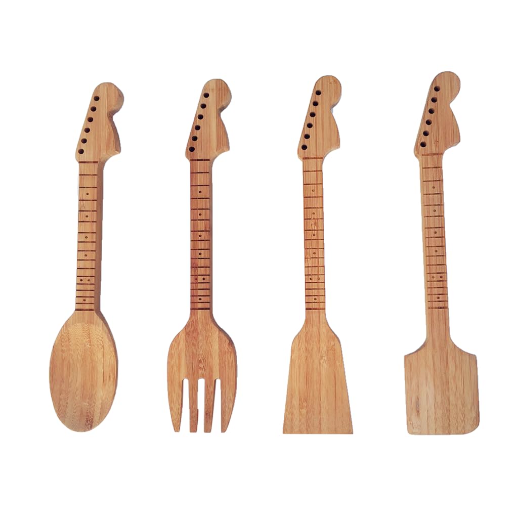 Rise8 Studios Guitar Bamboo Cooking Utensils Set (4-Piece) | Wooden Spoons and Spatulas | Fun Music Themed Kitchen Gadgets & Accessories | Unique Gift for Musicians, Guitar Players