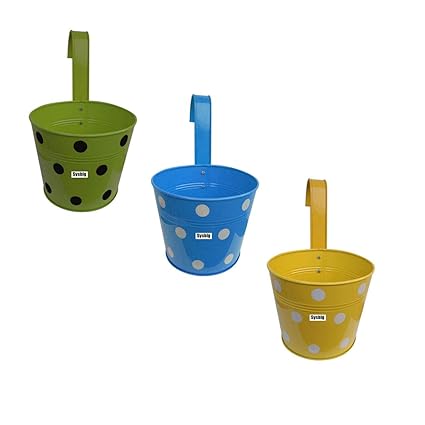 Kraftsplanet Garden Decor Set of Three Polka Painted Ribbed Design Railing planters with Detachable Hooks