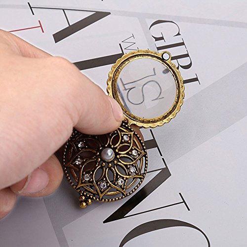Vintage Style Necklace Magnifier Pendant Necklace Magnify Glass Reeding Decorativ Necklace (Gold, B)
