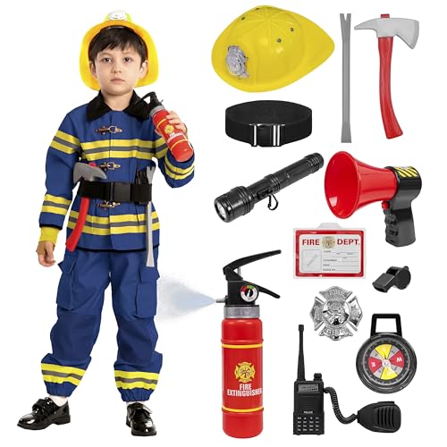 Spooktacular Creations Halloween 14PCS Firefighter Costume for Kids, Boys Fireman Costume with Toys Set for Toddler RolePlay