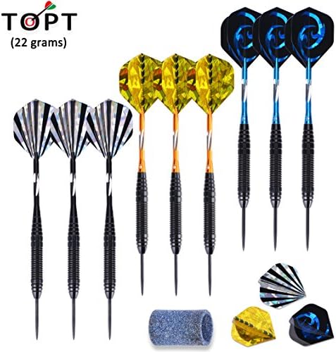 TOPT 9 Pack Steel Tip Darts 22 Grams with Iron Barrel Aluminum Shafts and 3 Style Laser Flights, Bonus Darts Sharpener and 3 Extra Flights.