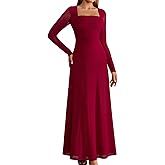 GLNEGE Fall Long Sleeve Wedding Guest Maxi Long Dress Mesh A-Line Flowy Square Neck Ruched Cocktail Dresses for Women