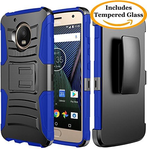 Moto G5 Plus Case, JATEM [Belt Clip] Rugged Hybrid Dual Layer Kickstand Holster Combo + Tempered Glass Screen Protector (Black/Blue)