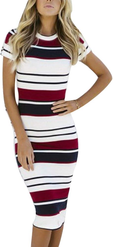 Women's Dress&Summer Color Block Striped Short Sleeve Round Neck Women Bodycon Midi Dress