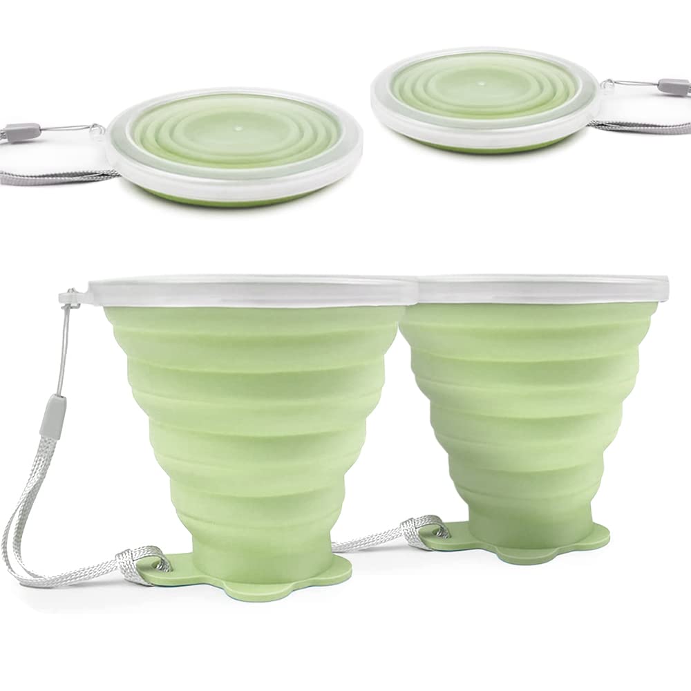 FUZVOL Silicone Foldable Cup with Plastic Sealing Lid for Camping, 2 Pcs Collapsible Silicon Portable Travel Cup, BPA Free Reusable Retractable Drink Mug for Outdoor Hiking Picnic Travel Matcha Green