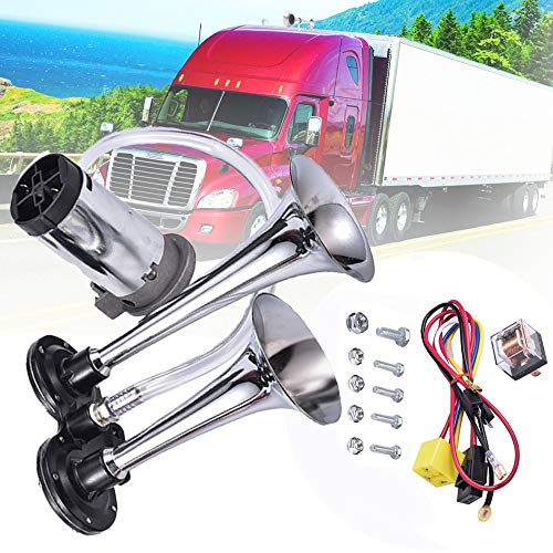 MKING 12V 150dB Car Air Horn Kit, Super Loud Twin Tone Chrome Plated Zinc Dual Trumpet Air Horn with Compressor for Any 12V Vehicles Car Truck RV Van SUV Motorcycle Off Road Boat (Silver)
