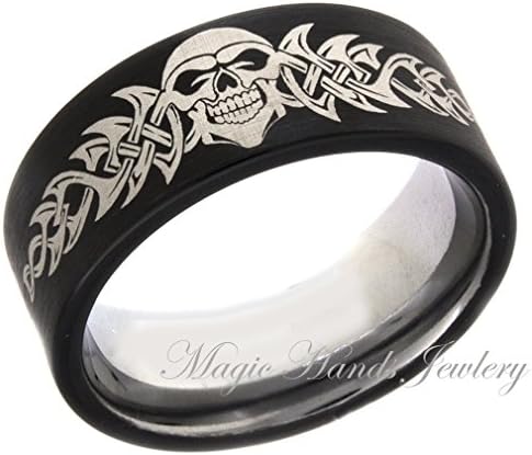 Tungsten Wedding Band Skull Men's Ring Pipe Cut Two Tone 9mm Brushed Personalized Comfort Fit