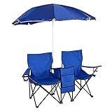 Crazyworld Double Folding Chairs With Removable Umbrella Table Cooler Bag Fold Up Steel Construction Dual Seat For Outdoor Patio Garden Picnic Lawn Beach Camping Fishing,Blue