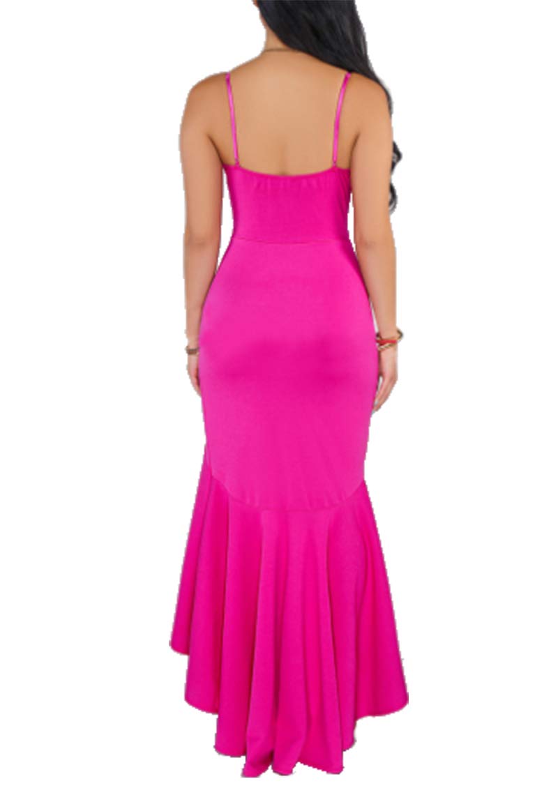 Uni Clau Women Ruffle Dress - Elegant Sleeveless Long Cocktail Bodycon Dress Rose Red