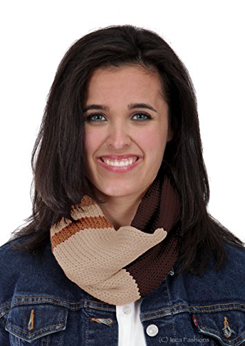 100% Baby Alpaca Unisex Color Block Circle Scarf - Hand Knit (Wheat / Camel / Dark Brown)