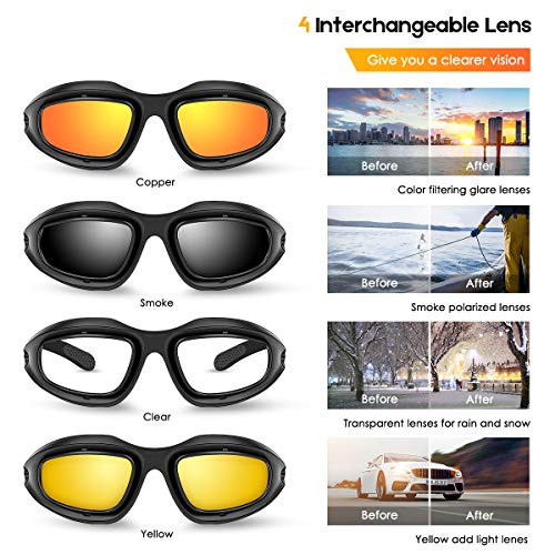 BELINOUS Safety Glasses, Polarized Motorcycle Riding Glasses Goggles Sunglasses Accessory for Men Women, 4 in 1 Copper Smoke Clear Yellow Lenses, Black Frame, Cycling Driving Hunting Fishing Shooting