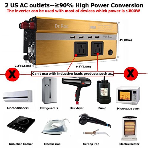 800W Power Inverter DC 12V to 110V AC Power Converter for Household Appliances Car electronics Car Adapter Charger for Laptop Phone Game Console- 6.8A 4 USB Charger,2 AC Outlets,2 Cigarette holder