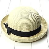 OULII Fashion Women's Girls Bowknot Roll-up Wide Brim Dome Straw Summer Sun Hat Bowler Beach Cap (Beige)